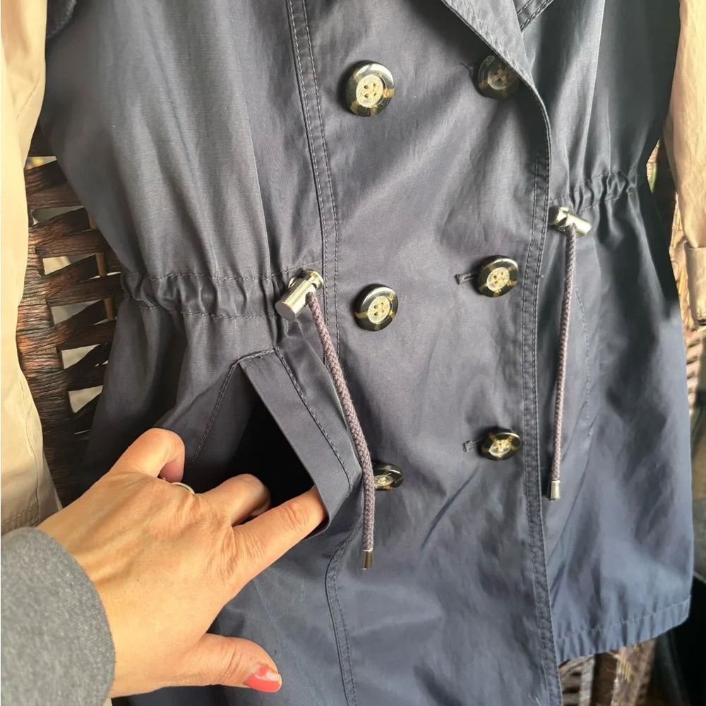 Laundry By Shelli Segal Navy & Tan Colorblock Trench Coat Leopard Lining Small - Picture 3 of 14